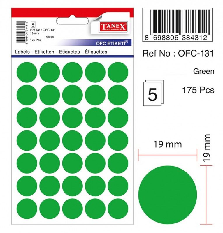 Etichete autoadezive color, D19 mm, 175 buc/set, TANEX - verde