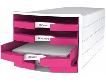 Suport plastic cu 4 sertare pt. documente, HAN Impuls 2.0 (open) - alb - sertare roz